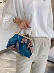 Floral Pattern Kiss Lock Chain Satchel Bag With Tassel Charm - Green - View 1