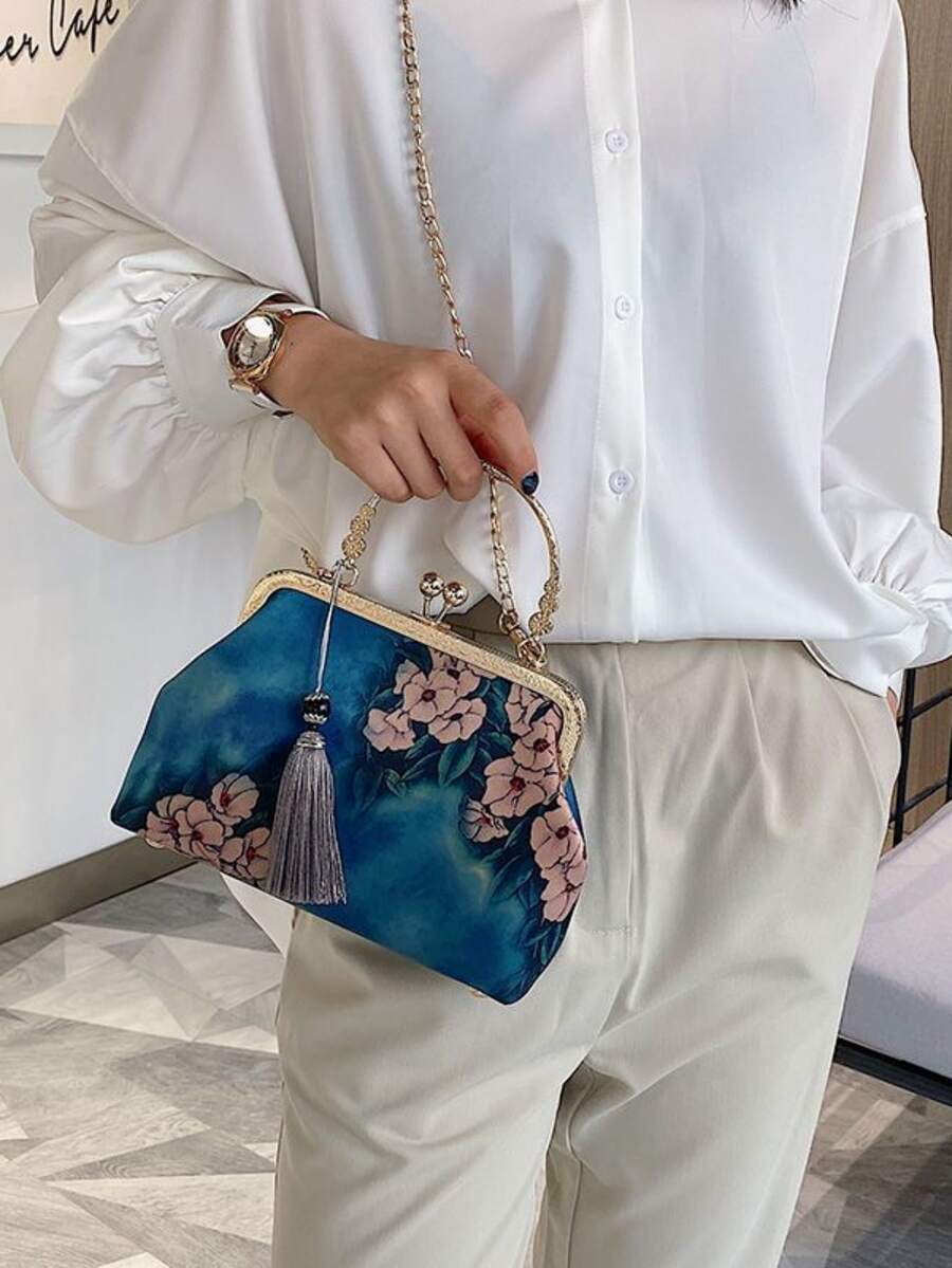 Floral Pattern Kiss Lock Chain Satchel Bag With Tassel Charm - Green - View 1