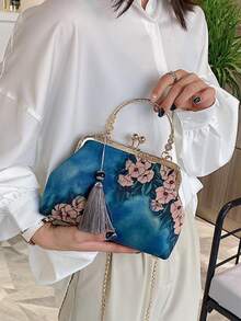 Floral Pattern Kiss Lock Chain Satchel Bag With Tassel Charm - Green - View 2