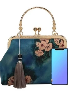 Floral Pattern Kiss Lock Chain Satchel Bag With Tassel Charm - Green - View 3