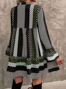 SHEIN LUNE Polka Dot Print Flounce Sleeve Ruffle Hem Smock Dress - Multicolor - View 2