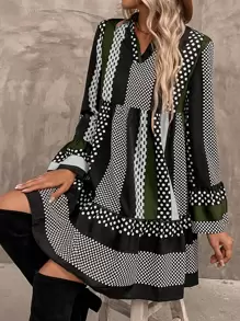 SHEIN LUNE Polka Dot Print Flounce Sleeve Ruffle Hem Smock Dress - Multicolor - View 3