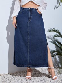 EMERY ROSE 大码波西米亚音乐节风格牛仔宽松 A 字长裙 - 深色水洗藍 - 查看 2