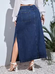 EMERY ROSE 大码波西米亚音乐节风格牛仔宽松 A 字长裙 - 深色水洗藍 - 查看 3