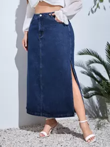 EMERY ROSE 大码波西米亚音乐节风格牛仔宽松 A 字长裙 - 深色水洗藍 - 查看 5