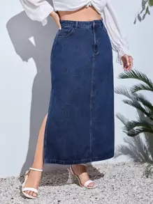 EMERY ROSE 大码波西米亚音乐节风格牛仔宽松 A 字长裙 - 深色水洗藍 - 查看 4