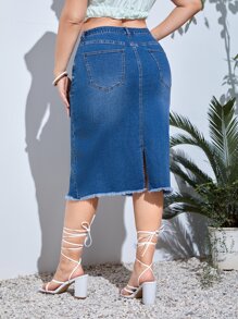 SHEIN Frenchy váy ngắn denim kích thước lớn Nút Túi Chia Dây kéo Hem thô màu trơn - Rửa trung bình - Xem 2