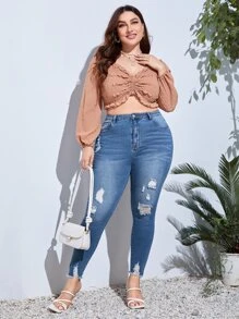 Jeans ajustados de talle alto desgarro ribete sin dobladillo - Azul lavado medio - Ver 5