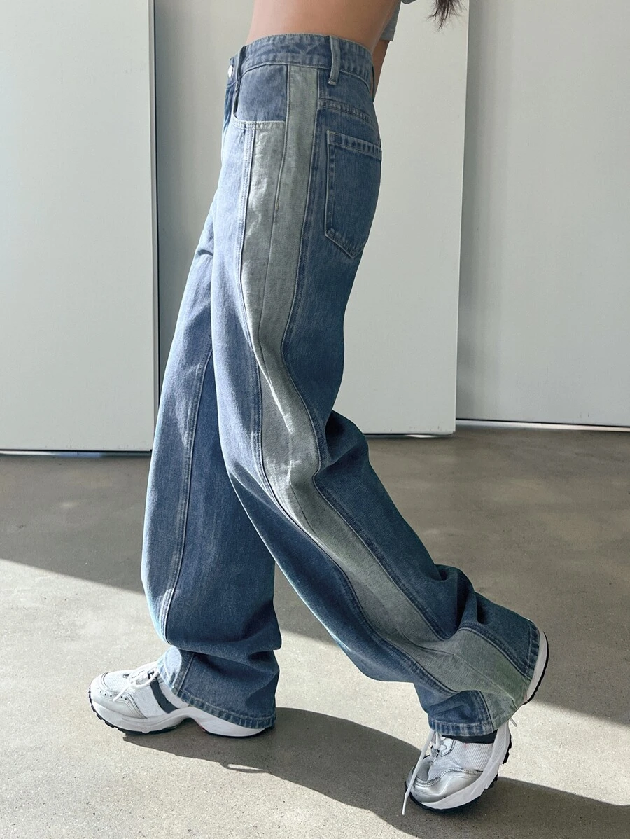 DAZY Colorblock Patched Pocket Wide Leg Jeans - Medium Wash - View 1