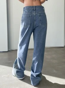 DAZY Colorblock Patched Pocket Wide Leg Jeans - Medium Wash - View 2