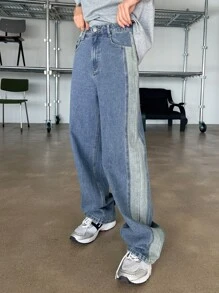 DAZY Colorblock Patched Pocket Wide Leg Jeans - Medium Wash - View 7