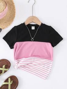 SHEIN 女小童休閒條紋圖案拼貼撞色圓領短袖T恤適合夏天 - 彩色 - 查看 1