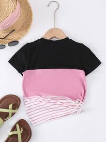 SHEIN 女小童休閒條紋圖案拼貼撞色圓領短袖T恤適合夏天 - 彩色 - 查看 2