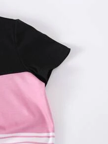 SHEIN 女小童休閒條紋圖案拼貼撞色圓領短袖T恤適合夏天 - 彩色 - 查看 3