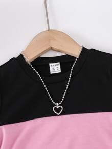 SHEIN 女小童休閒條紋圖案拼貼撞色圓領短袖T恤適合夏天 - 彩色 - 查看 4