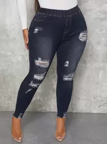 SHEIN SXY Jeans ajustados desgarro bajo crudo - Azul lavado oscuro - Ver 1