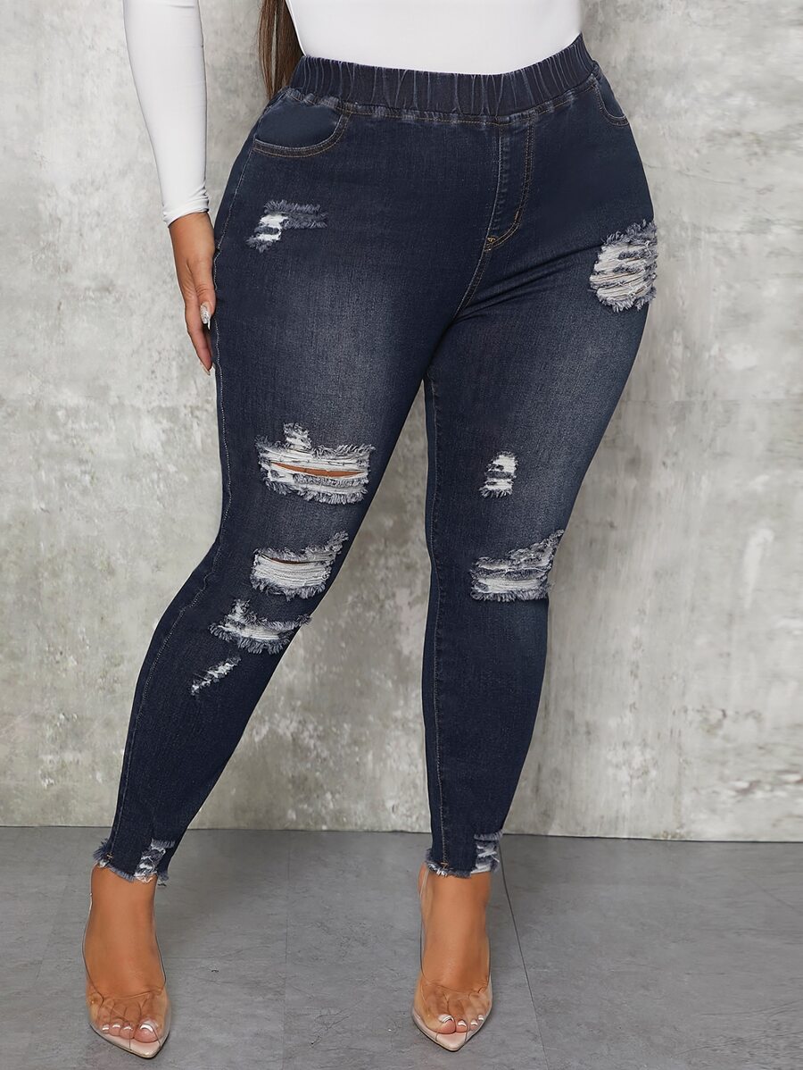 SHEIN SXY Jeans ajustados desgarro bajo crudo - Azul lavado oscuro - Ver 1