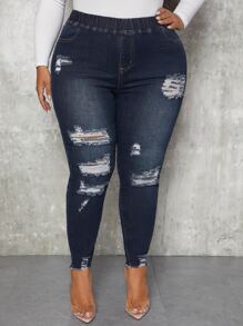 SHEIN SXY Jeans ajustados desgarro bajo crudo - Azul lavado oscuro - Ver 3