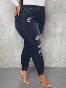 SHEIN SXY Jeans ajustados desgarro bajo crudo - Azul lavado oscuro - Ver 5