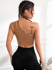 Sujetador deportivo de un hombro con abertura delantera - Marrón - Ver 4