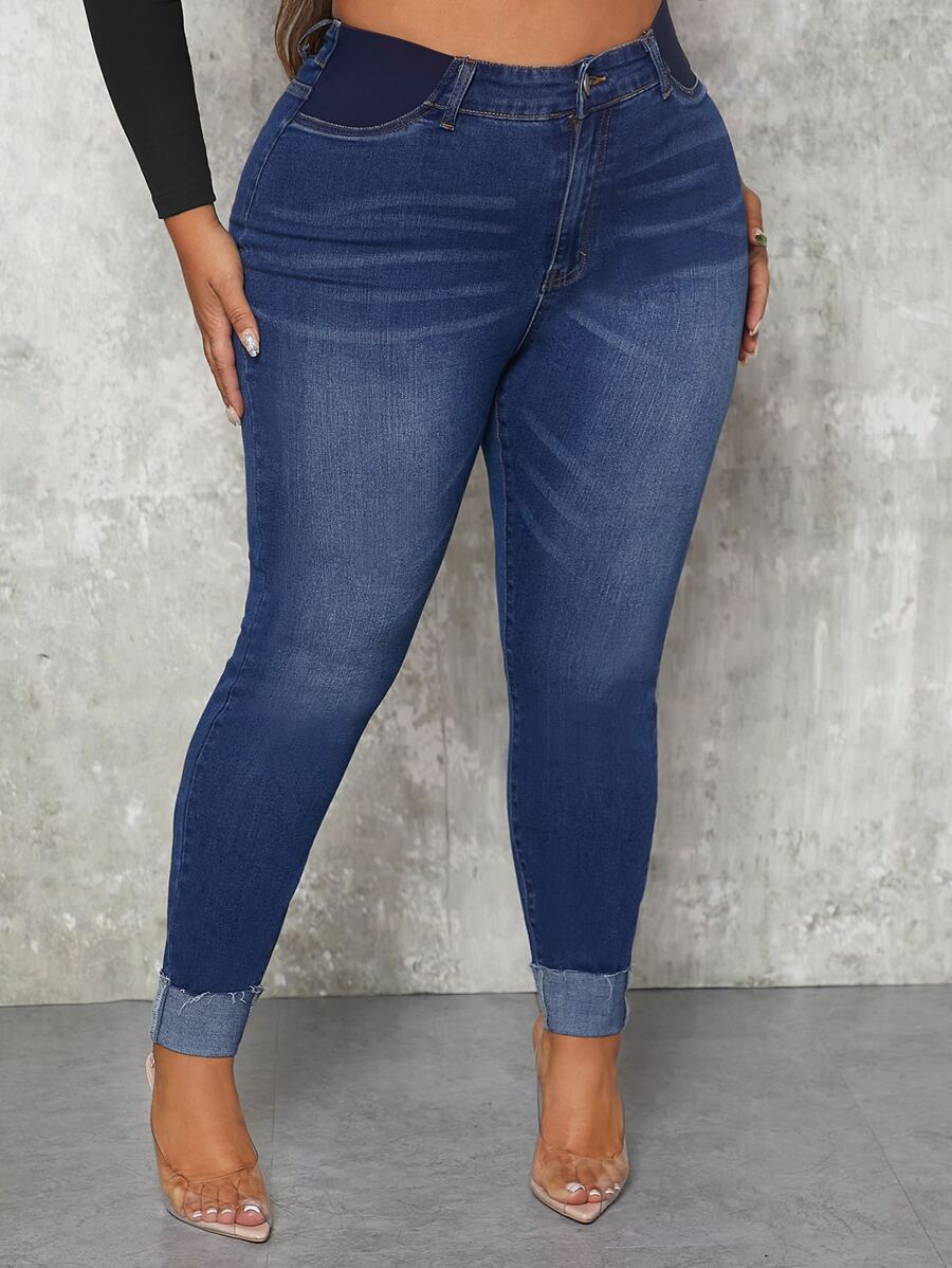 SHEIN SXY Plus High Waist Skinny Jeans - Dark Wash - View 1