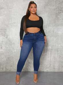 SHEIN SXY Plus High Waist Skinny Jeans - Dark Wash - View 3