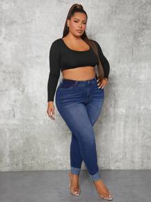 SHEIN SXY Plus High Waist Skinny Jeans - Dark Wash - View 5