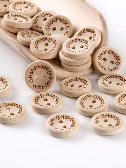 50pcs 2 Hole Natural Wooden Button Handmade With Love, Wood Button For Scrapbooking Craft, DIY Baby Clothing Sewing Accessory