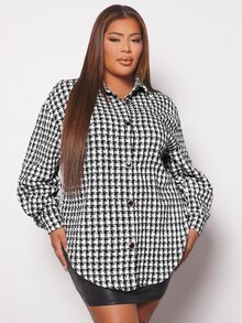 SHEIN SXY Plus Houndstooth Print Drop Shoulder Overcoat - Black and White - View 5
