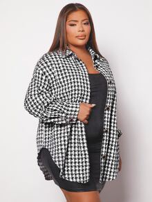 SHEIN SXY Plus Houndstooth Print Drop Shoulder Overcoat - Black and White - View 7