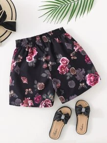 Girls Floral & Butterfly Print Shorts - Black - View 1