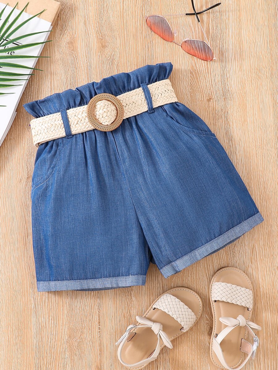 Quần Short Gái Quần paper-bag màu trơn Dễ thương - Màu xanh lam - Xem 1