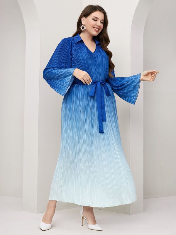 SHEIN Modely Plus Ombre Pleated Trumpet Sleeve Belted Dress SHEIN USA