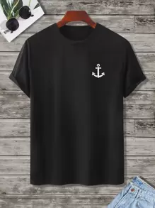 Manfinity Homme Camisetas de algodón para hombre, corte de cuello redondo ajustado, manga corta, camiseta gráfica casual de verano con ancla de poliéster en azul marino - Negro - Ver 3