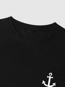 Manfinity Homme Camisetas de algodón para hombre, corte de cuello redondo ajustado, manga corta, camiseta gráfica casual de verano con ancla de poliéster en azul marino - Negro - Ver 5