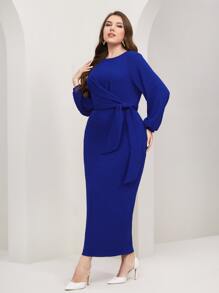 Modelyn 大碼燈籠袖腰帶緊身洋裝