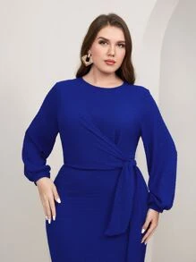 Modelyn 大碼燈籠袖腰帶緊身洋裝