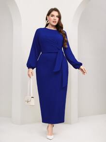 Modelyn 大碼燈籠袖腰帶緊身洋裝