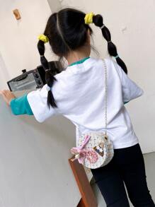 女孩花朵裝飾粗花呢圓形包 - 米色 - 查看 2