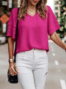 SHEIN LUNE Blusa unicolor de manga a capas de cuello V - Rosa Fucsia - Ver 1