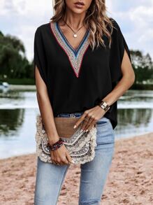 SHEIN LUNE Contrast Tape Batwing Sleeve Blouse - Black - View 1