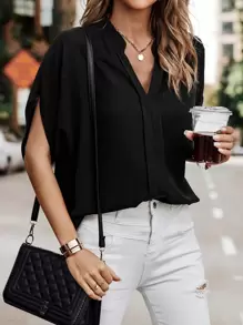 SHEIN Clasi Solid Batwing Sleeve Notched Neck Blouse - Black - View 1
