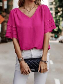 SHEIN LUNE Blusa unicolor de manga a capas de cuello V - Rosa Fucsia - Ver 3