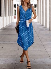 SHEIN LUNE Polka Dot Fake Button Knot Front Curved Hem Dress - Blue and White - View 6