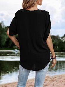 SHEIN LUNE Contrast Tape Batwing Sleeve Blouse - Black - View 2