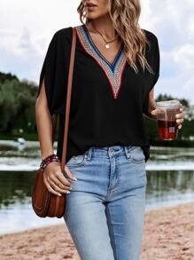 SHEIN LUNE Contrast Tape Batwing Sleeve Blouse - Black - View 3