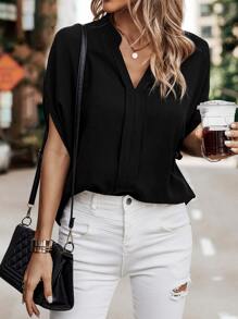 SHEIN Clasi Solid Batwing Sleeve Notched Neck Blouse - Black - View 4