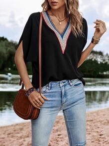 SHEIN LUNE Contrast Tape Batwing Sleeve Blouse - Black - View 5