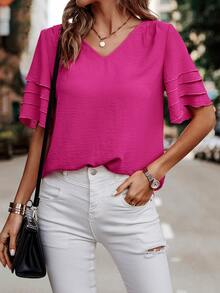 SHEIN LUNE Blusa unicolor de manga a capas de cuello V - Rosa Fucsia - Ver 6