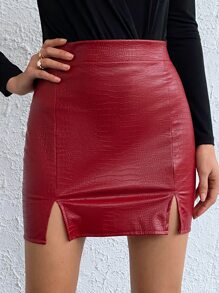 EURMUSE Crocodile Embossed Split Hem PU Skirt - Burgundy - View 3